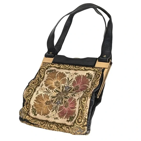 Vintage Made in Germany Floral Tapestry Black Leather Shoulder Bag Handbag Gold