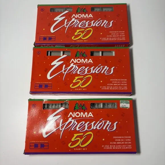 Vtg Noma Expressions 50 Clear Christmas Lights, Set of 3 WORKS Extra Bulbs