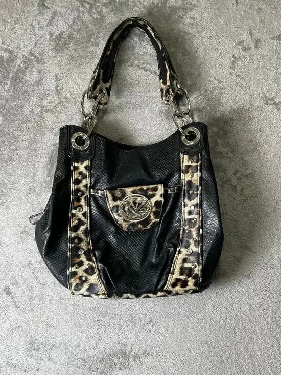 Kathy Van Zeeland Black Faux Snakeskin Leopard Studded Shoulder Tote Handbag
