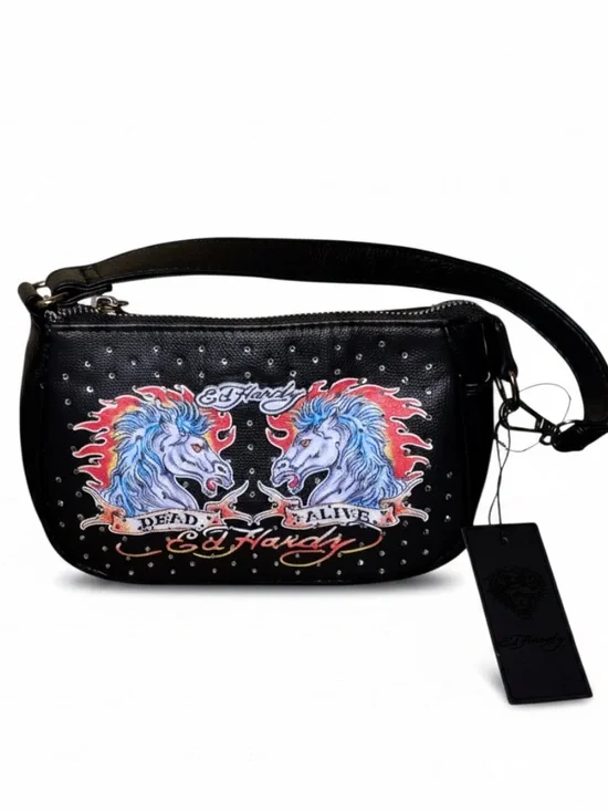 Ed Hardy Black Studded Y2K Rhinestone Shoulder Bag Tattoo Purse New with Tags