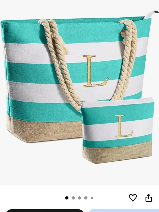 ☀️🏝️ YOOLIFE NEW  WITH TAGS STRIPED BEACH BAG WITH TOILETRY BAG - initial “L”