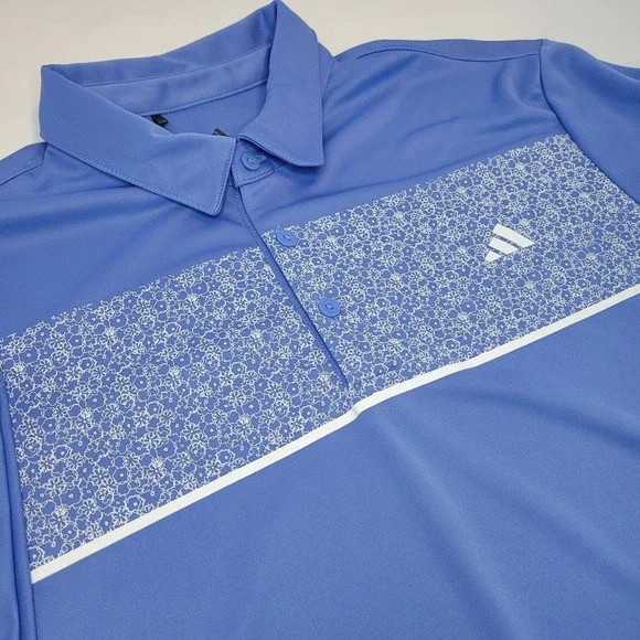 adidas Golf Polo Mens‎ Large Blue Excellent Floral Chest Print KD9363