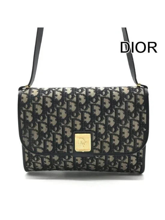 Dior Trotter Shoulder Bag Canvas Leather Push Lock Navy