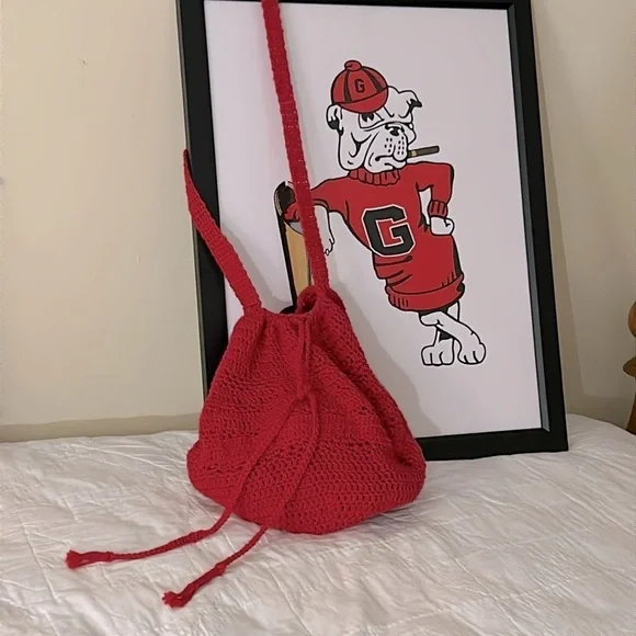Red University Bag Large Cinch Top Shoulder Strap Organic Cotton Handmade New