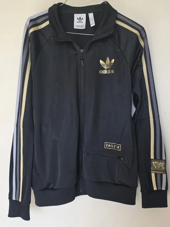 adidas Black Track Jacket with Gold & Gray Stripes Size Small