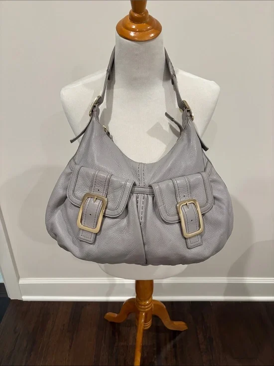 Cole Haan Light Gray Pebbled Leather Shoulder Hobo with Buckle Front Pockets