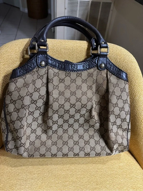 Gucci Beige/Brown GG Canvas Satchel with Dark Brown Trim