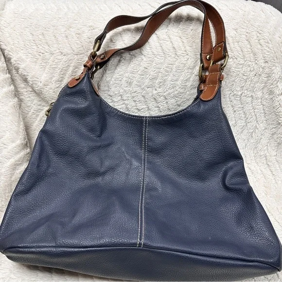 Merona Dark Blue Tan Brown Faux Leather Shoulder Bag Purse Handbag Classic