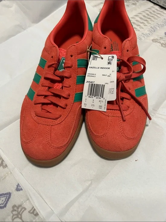 adidas Red Suede Gazelle Indoor Sneakers with Green Stripes