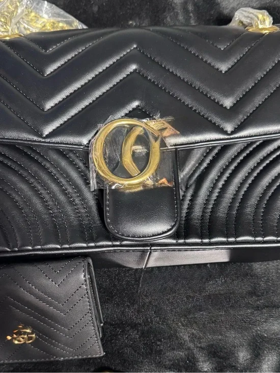 Black Quilted Shoulder Bag with Gold Hardware