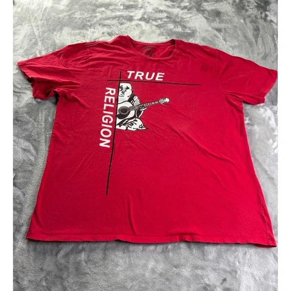 True Religion Buddha Guitar World Tour Men's T-Shirt XXL Red Large Front Graphic