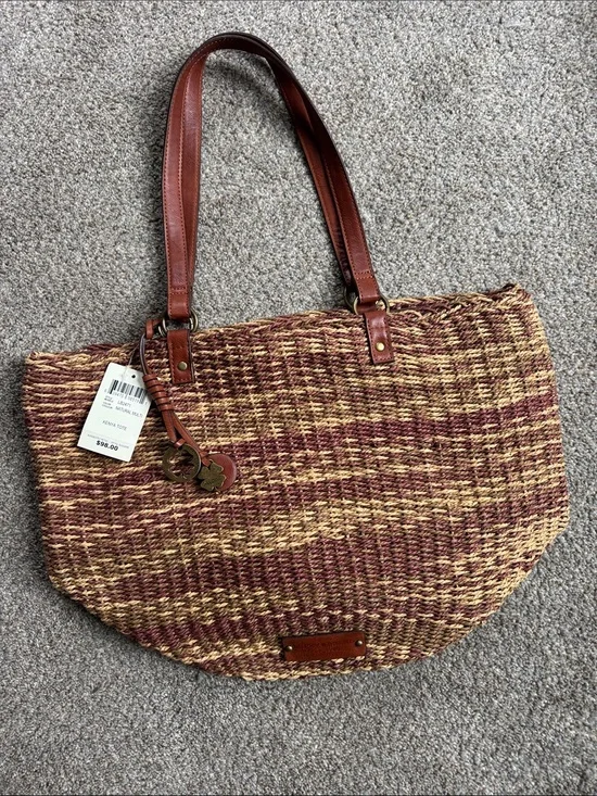 Lucky Brand Woven Straw Tote in Brown and Tan with Leather Straps