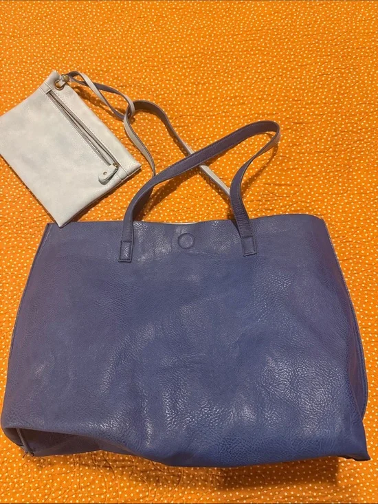Under One Sky Blue/Light Blue Vegan Leather Reversible Tote with Matching Pouch