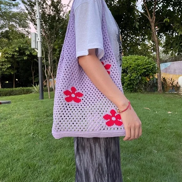 Purple Crochet Tote Bag with Red Floral‎ Accents