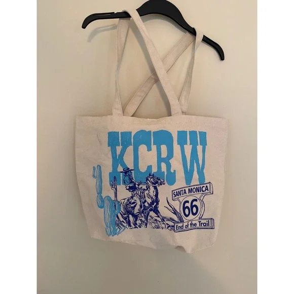 KCRW Santa Monica Route 66 Cowboy Canvas Tote Bag Blue Cream Western Graphic