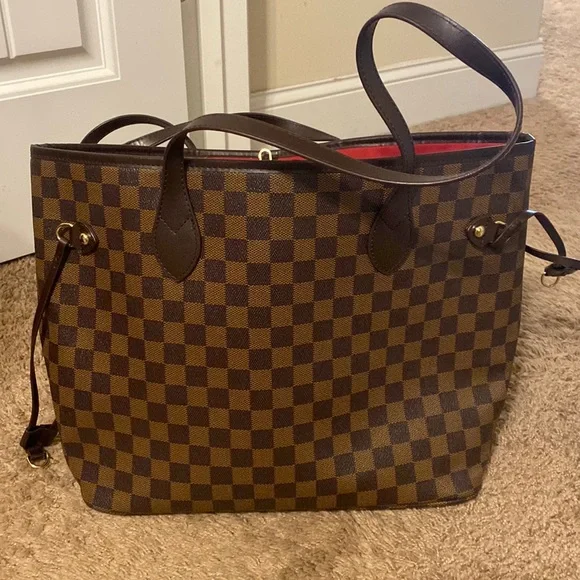Re-Poshing this great bag! Checkerboard Brown Tote Bag with Red Interior
