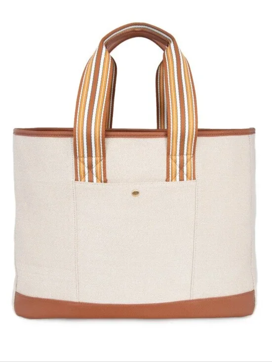 Canvas Capri Tan Stripe Tote Bag with Striped Handles - Cream & Tan - Brand New
