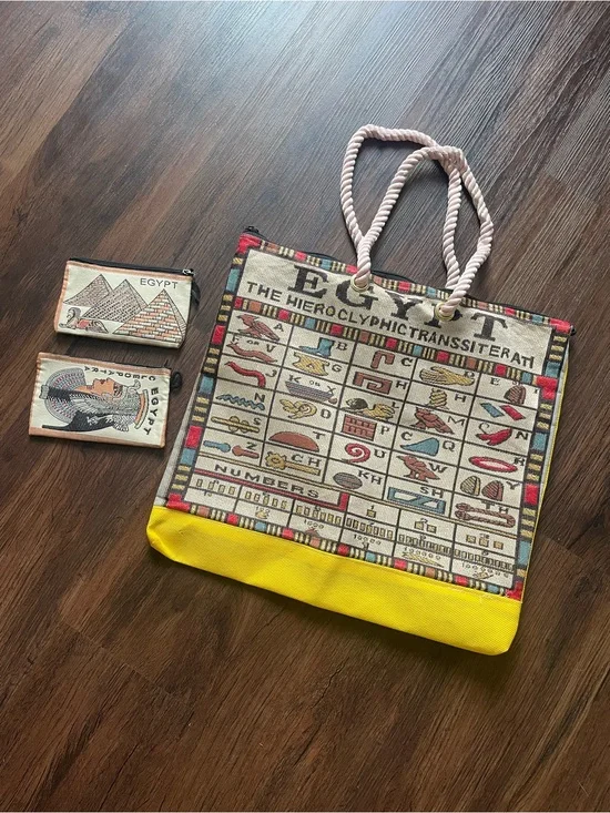 Egypt Tourist Souvenir Tote Bag With 2 Wallets Cleopatra Pyramids Hieroglyph NIP