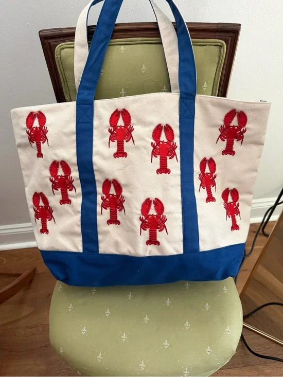 Canvas Lobster Tote Bag in White & Blue