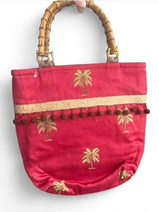 Red Palm-Embroidered Bamboo Handle Tote