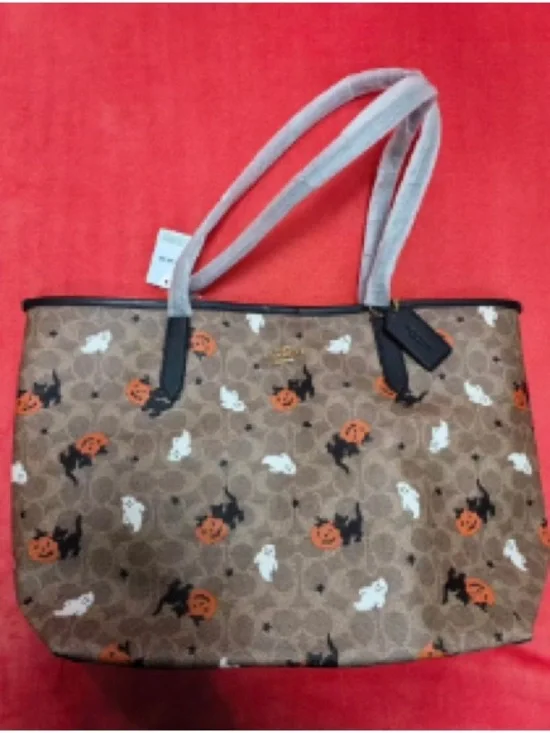 Coach Brown Signature Tote with Halloween Pumpkin & Cat Print