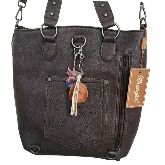 Wrangler Tote Bag Coffee Brown Faux Leather Western Cowgirl Cowboy Hat Charms CC