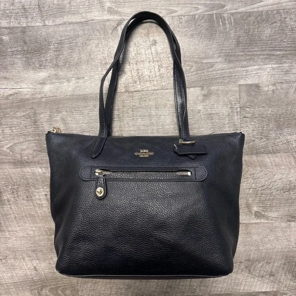 Coach Taylor Tote Light Gold/Black Pebble Leather Zip Top Closure Purse