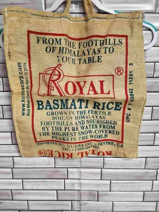 Vintage Style Royal Basmati Rice Burlap Bag, Side Zippered Tote Bags #A62