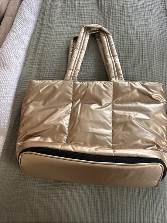 Calpak Metallic Gold Quilted Tote with Zip Base