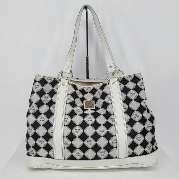 MCM Harlequin Diamond Logo Tote Bag White Leather Trim Black White T5607