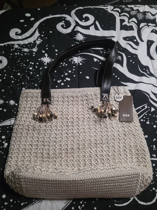 The SAK Beige Crochet Tote Bag with Brown Handles