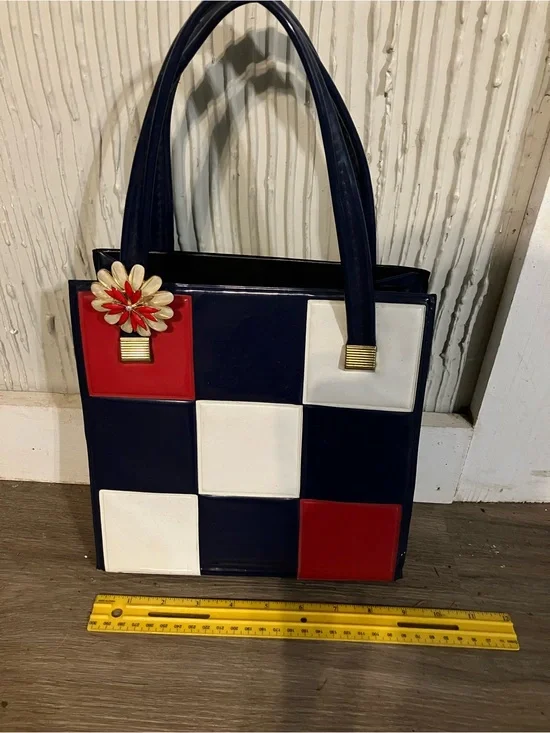 Classic Checkerboard Tote Bag in Navy, White & Red