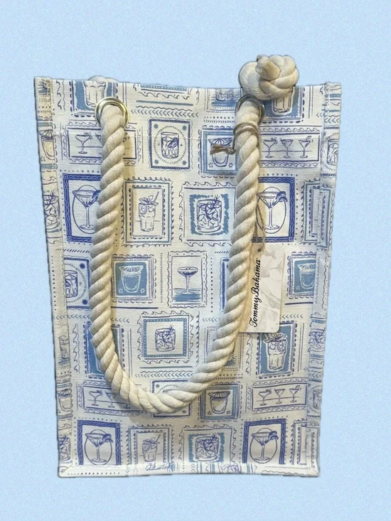 NWT Tommy Bahama Canvas Wine Bag Tote 4 Bottles Blue Graphics Tile Drinks