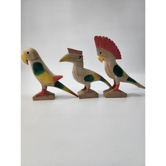 Vintage Hand Carved Wood Tropical Bird Figurines Set of 3 Thailand Folk ArtDecor