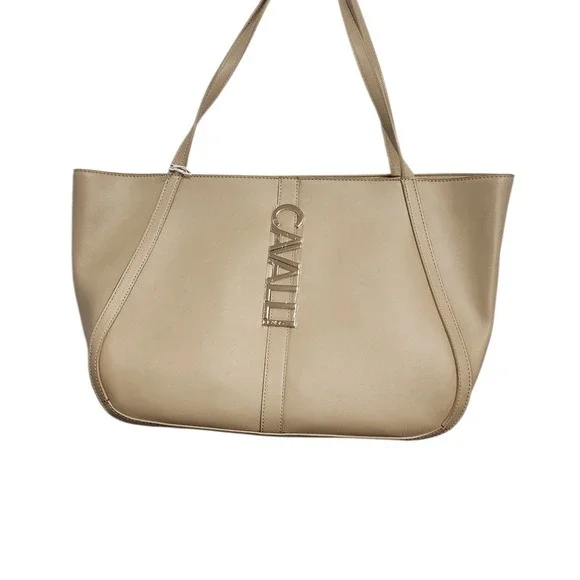 Class‎ Cavalli Sandra Shopper Bag Almond Buff Beige Gold Logo Tote CCS25614-ALBF