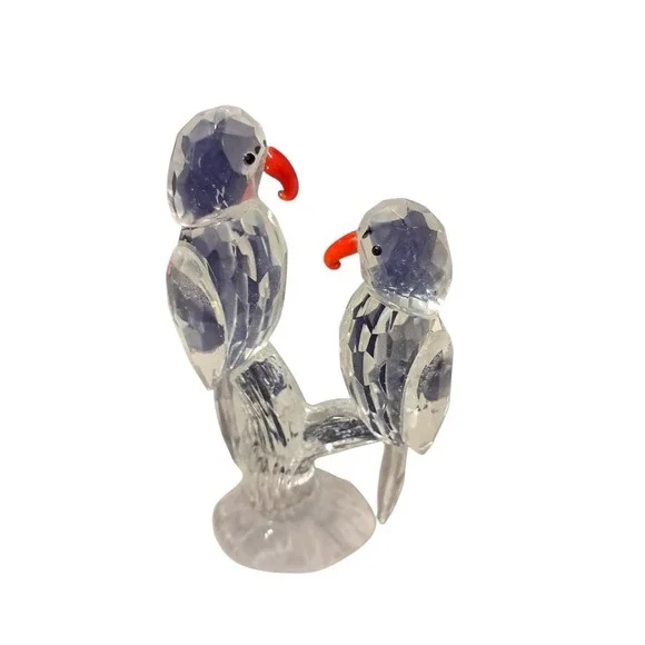 Vintage Crystal‎ Lovebirds Budgies Parrots on Branch Figurine Paperweight 4.5