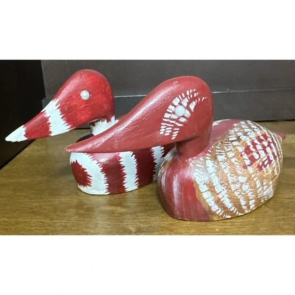 2 Vintage Wooden Hand Painted Red Carved Mini Decoy Wood Ducks Birds 8.25