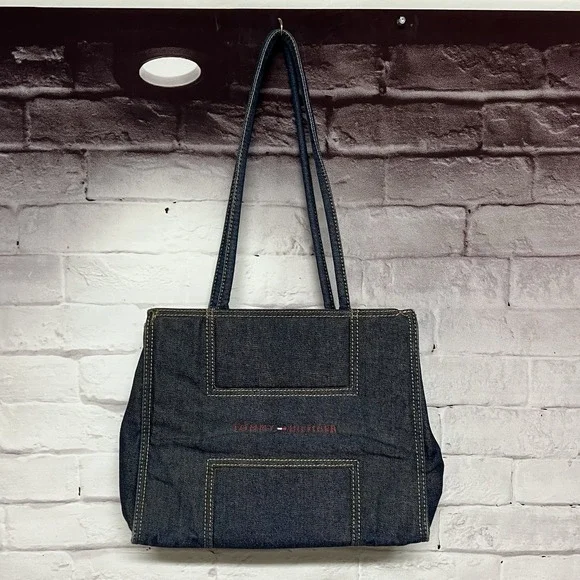 Tommy Hilfiger Denim Bag‎ Tote Purse Blue Red Spellout Logo Vintage 90 YK Preppy