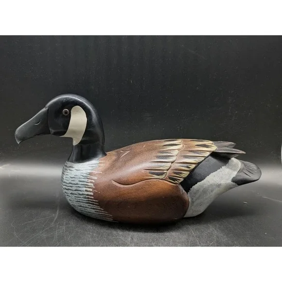 Vintage Hand Painted Carved Wooden Canada Goose Decoy Rustic Lodge Decor Brown