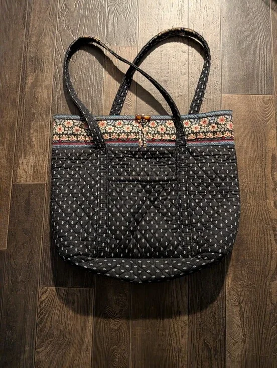 Quilted Black Floral-Trim Tote Bag