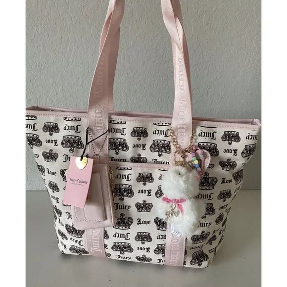 Juicy Couture Crown Juicy Festival Tote Bag Pink Cream Chocolate W/Plush Charm‎
