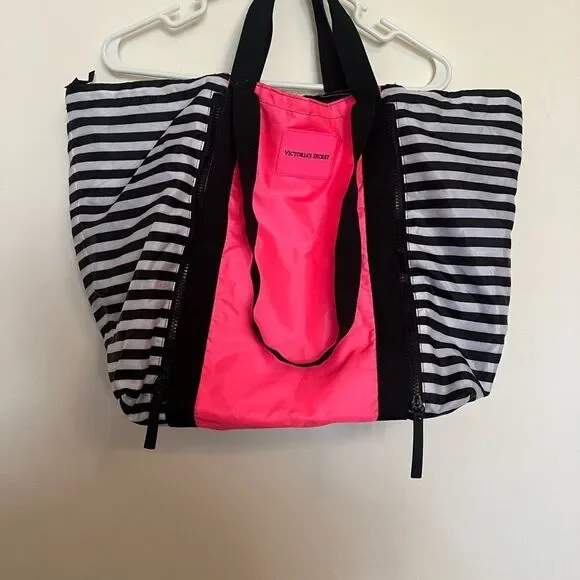 Victoria's Secret Neon Pink and Black Striped Tote