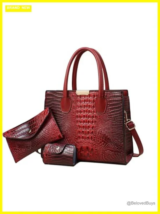 Luxury Crocodile Embossed 3pc Tote Handbag Set with Wallet