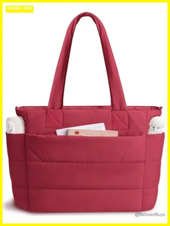 Quilted Puffer Tote Bag with 40oz Tumbler Holder Lightweight Water-Resistant