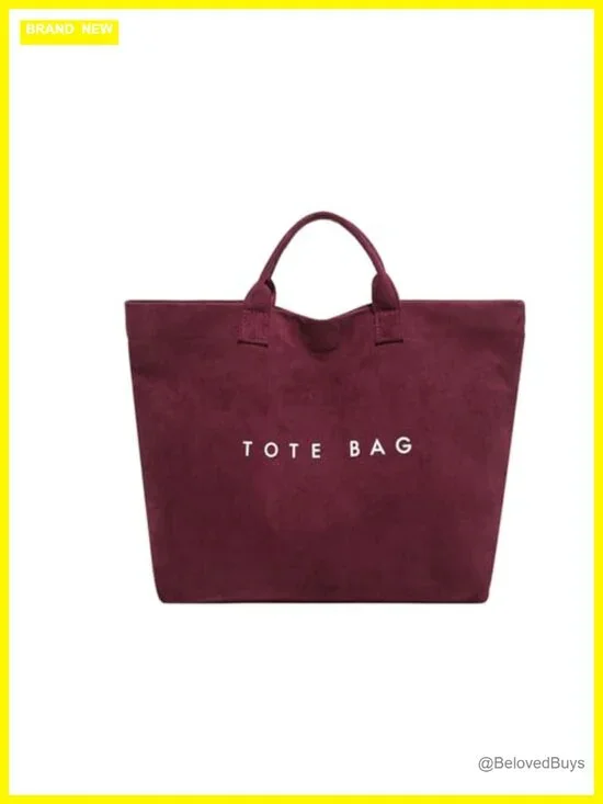 Suede Large Tote Bag with Letter Print, Shoulder Handbag for Work Travel