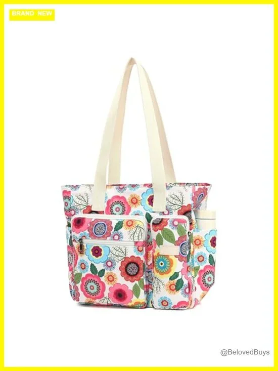 Multi-Pocket Lightweight Canvas Tote Bag, Large Capacity Shoulder Handbag for