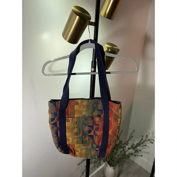 unique tote 80s upholstery patchwork lined rainbow geometric artist day wear bag