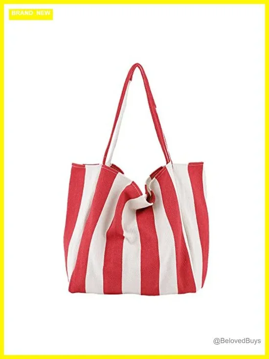 Canvas Tote Bag Vertical Stripes Large Capacity Shoulder Bag Shopping Travel
