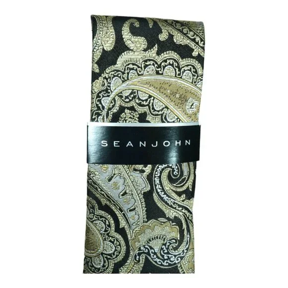 NWT $59 Sean John 100% Silk Neck Tie Gold Black Dewel Paisley 58