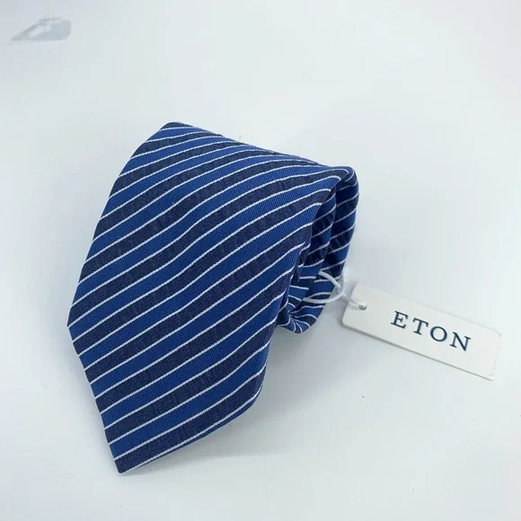 Eton Tie Men One Size Blue White Striped Silk Classic Fit Necktie Italy Made NWT